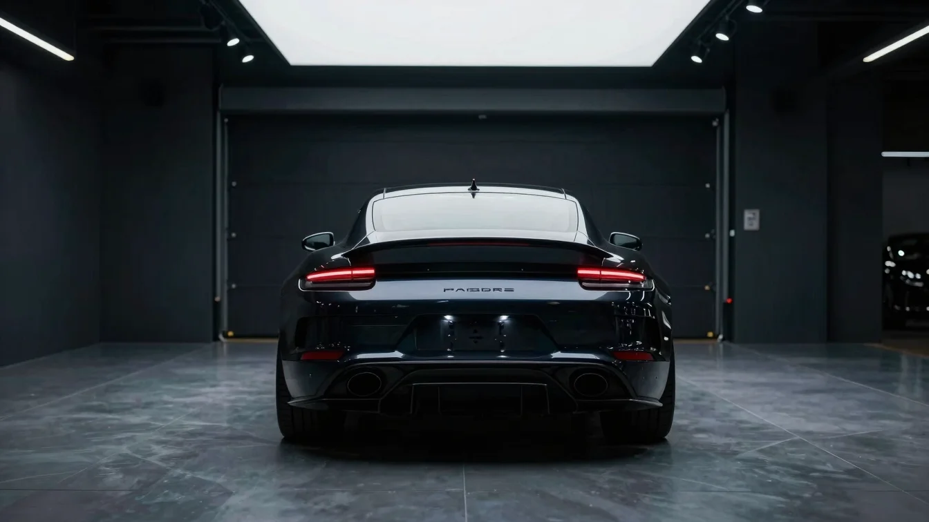 Rear view of a sports car exiting a dark, modern garage, dramatic